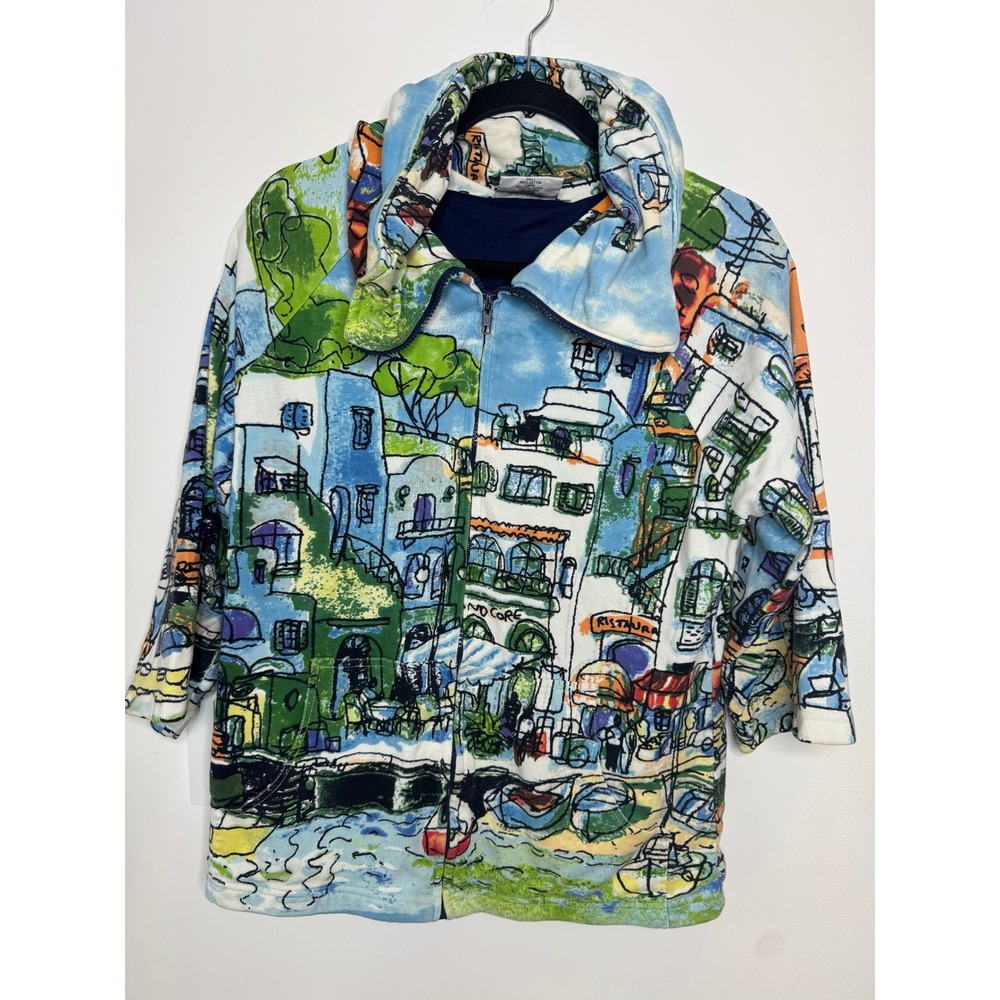 Michael Leu Wearable Art Jacket Womens Small Mediterranean Village Print Zip Up